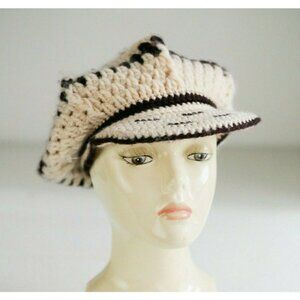 Vintage 70s Handmade Crochet Cream Brown Beret with Hard Shell Visor